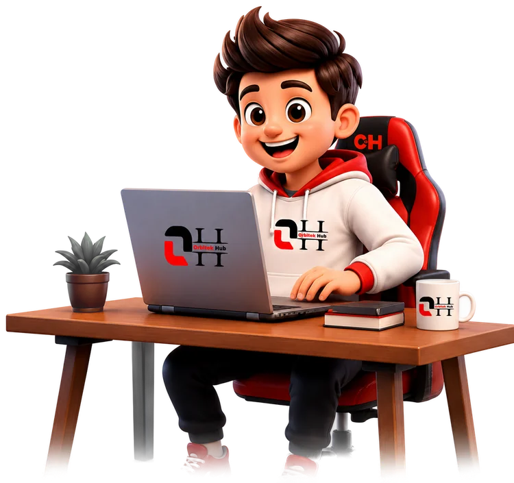Orbitek Hub mascot at desk