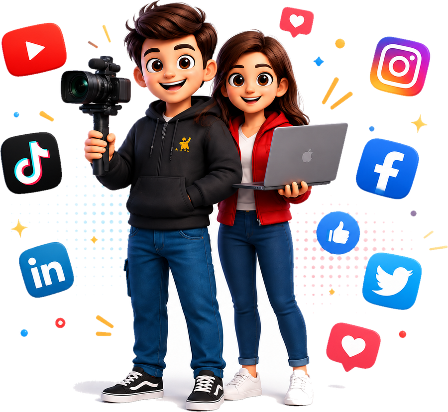 Two creators — one holding a camera on a gimbal, one holding a laptop — surrounded by social platform icons